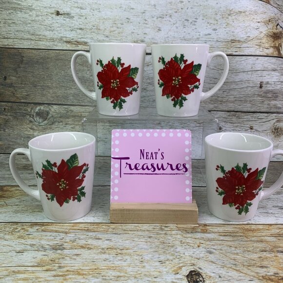 Gibson NOBLE POINSETTIA Red Floral Holly Rim Smooth 10 oz Coffee Cups Mugs Set 4 - Picture 1 of 8